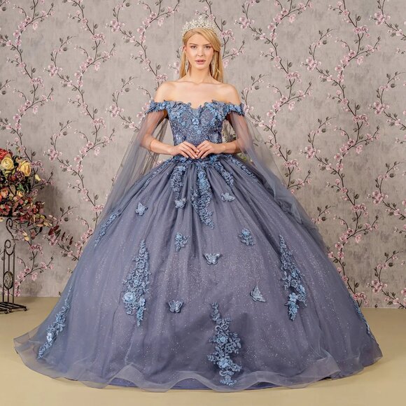New Off Shoulder Butterfly Embellished Quinceanera Gown w/ Lace Up Back GL3181 - Picture 1 of 11